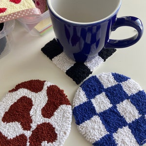 Set of 3, Drink Coasters,Coffee Coasters,Punch Needle Coasters, Mug Rug Coaster,Punch needle Mug Rug,Cow and Checker Pattern Mug Rugs