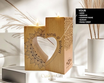 Engraved Heart Candle Holder: Personalized Wood Tealight Stand
