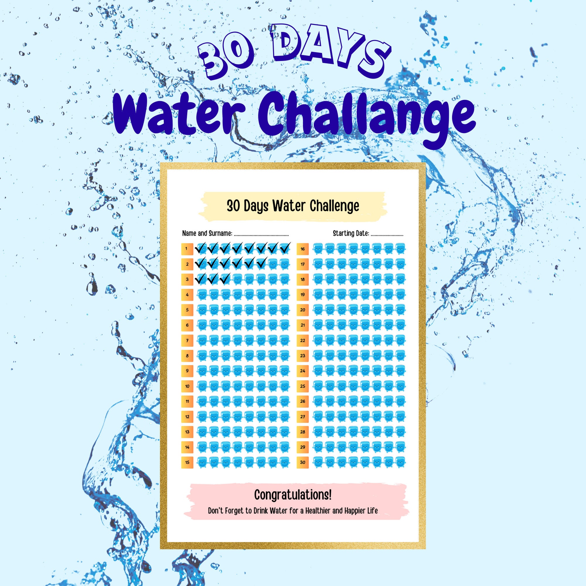 30 Days Water Challange Design, 30 Day Health Kit, Life Change in 30