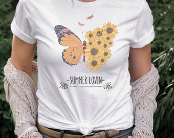Vintage Butterfly Shirt, women's butterfly shirt, flower shirt, butterfly t-shirt, summer t-shirt, boho, summer time tee, girls butterfly T