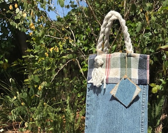 Tall Fabric Gift Bag - Denim & Plaid