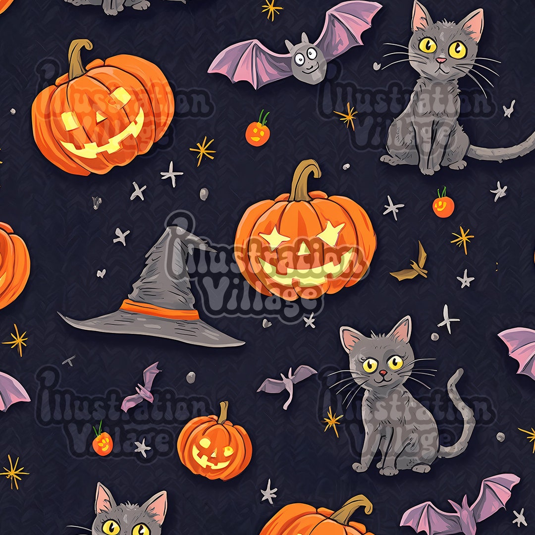 Halloween Seamless Pattern | Spooky Cats, Pumpkins, Bats (digital Paper ...