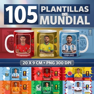 Può includere: Tazze con le star del calcio Cristiano Ronaldo, Neymar Jr. e Lionel Messi. Le tazze sono rosse, oro e blu, con ritratti di giocatori e testo. L'immagine include anche disegni di tazze più piccoli e il testo "105 Plantillas del Mundial". Ogni tazza misura 20 x 9 cm.