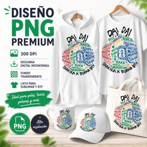 以下が含まれることがあります： 白いパーカー、Tシャツ、野球帽、トートバッグ。それぞれにペレ、ロナウド、メッシなどの名前で構成されたサッカーボールのグラフィックが描かれ、黒いインクで「DAI DAI」および「SHAKIRA X BURNA BOY」という文字がプリントされています。