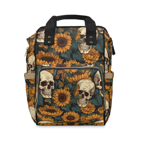Goth Sunflower Diaper Backpack | Multifunctional Black & Yellow Bag | High-Grade Nylon | Ambrelda Designs