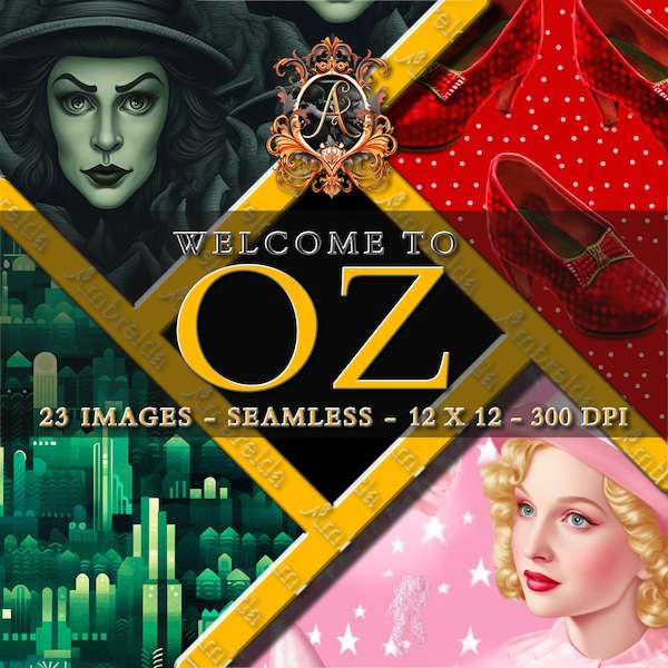 Welkom bij Oz, Wizard of Oz NAADLOOS patroon, Welkom bij Oz digitaal papier, 23 ontwerpen - 12x12in, klaar om af te drukken, hoge kwaliteit 300 DPI