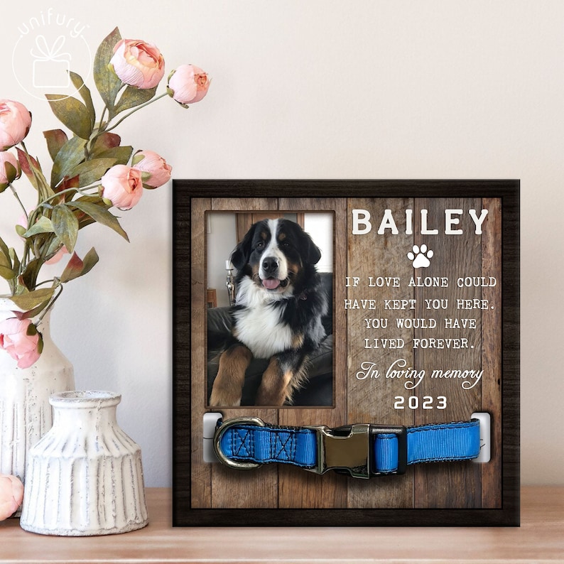 Custom Memorial Pet Collar With Photo, Pet Sympathy Gift, Dog Memorial Frame For Loss Of Dog, Memorial Wood Frame With Collar Holder Style 1 image 2