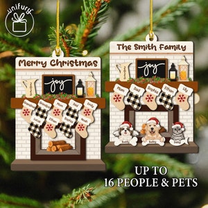 Custom Pet Family Christmas Ornaments, 3D Wooden Family Ornament With Pets, Gift For Christmas Family And Pets Family With Dog Cat Fireplace