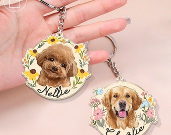 Custom Dog Photo Keychain, Cat Picture Keychains, Custom Dog Portrait, Personalized Pet Face And Pet Name Keychains for Mom, Pet Lovers Gift