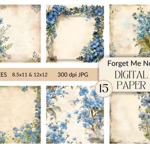 Papier de scrapbooking floral bleu poussiéreux aquarelle Forget Me Not Journal numérique indésirable Bordure de page en papier vintage Image abstraite fleurs Invitations