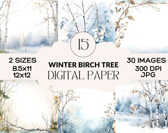 Watercolor Birch Tree Winter Landscape Junk Journal Paper Page Border Digital Paper Scrapbooking Card Making Snowy Trees Digital Image
