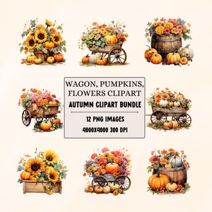 May include: A set of 12 digital clipart images featuring wagons filled with pumpkins, sunflowers, and fall flowers. The images are 4000x4000 pixels and 300 DPI.