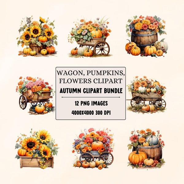 Watercolor Pumpkins In Wagon Clipart Autumn Clipart PNG Thanksgiving Clipart Images Wooden Crates and Barrel Flowers Graphics Commercial Use