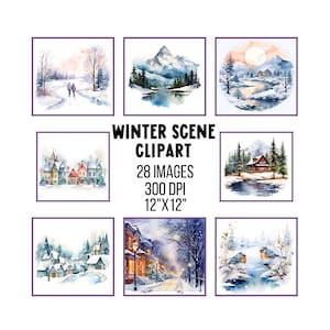 Winter Wonderland Watercolor Clipart Winter Scene JPG Image Winter Landscape Snowy Forest Stickers Scrapbooking Card Making Commercial Use