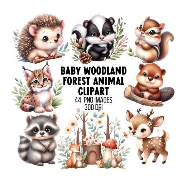 Cute Baby Woodland Animals Clipart Bundle Forest Animals PNG Watercolor Illustration Baby Shower Clipart Baby Animal PNG Nursery Printable