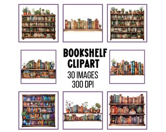 Bookshelf Clipart Watercolor Reading Book Lover Library Clip Art PNG Images Bookcase Stickers Scrapbook Elements Junk Journal Card Making