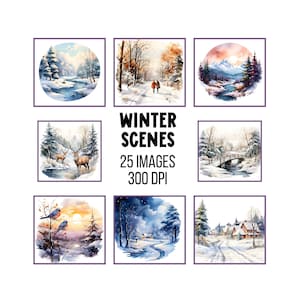 Watercolor Winter Clipart Snowy Forest Landscape Background Clipart Digital Graphics PNG Scrapbooking Wall Art Card Making Commercial Use