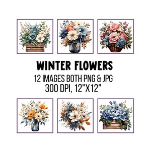 Aquarela Flores De Inverno Clipart Inverno Floral Buquê PNG Azul Flor Imagens Scrapbooking Cartão Fazendo Junk Journal Uso Comercial