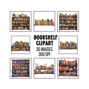 Bookshelf Clipart Watercolor Reading Book Lover Library Clip Art PNG Images Bookcase Stickers Scrapbook Elements Junk Journal Card Making