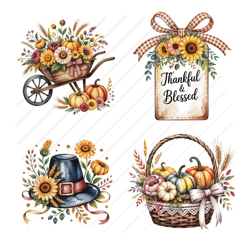 Op de afbeelding: Waterverfillustraties van herfstelementen. Een kruiwagen gevuld met bloemen en pompoenen, een label met "Thankful & Blessed", een pelgrimshoed met zonnebloemen en een mand met pompoenen en bloemen.
