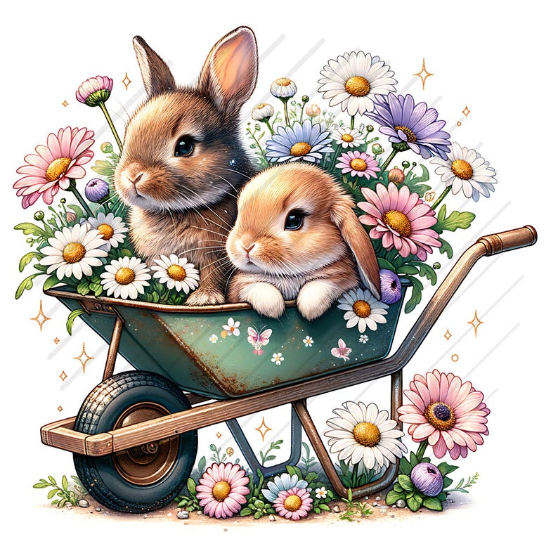 Pode incluir: Dois coelhos marrons sentados em uma carriola verde cheia de margaridas brancas e rosas. A carriola est&aacute; sobre um fundo branco.
