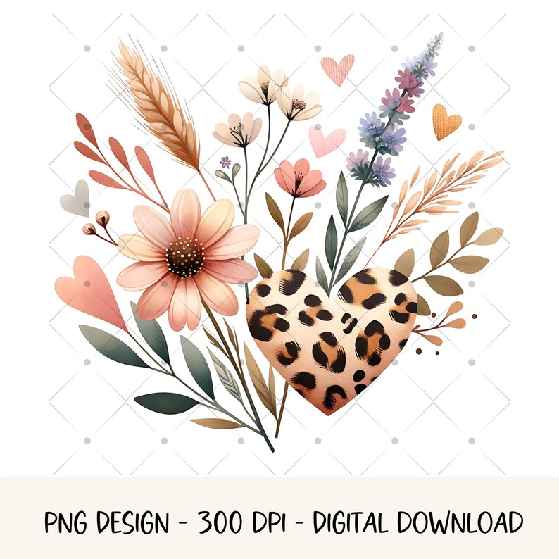 Blommig Cottagecore PNG Wildflower Design Akvarell Botanisk PNG Grafisk Leopardtryck Hjärta T-shirt Design Naturälskare Digital Nedladdning bild 1