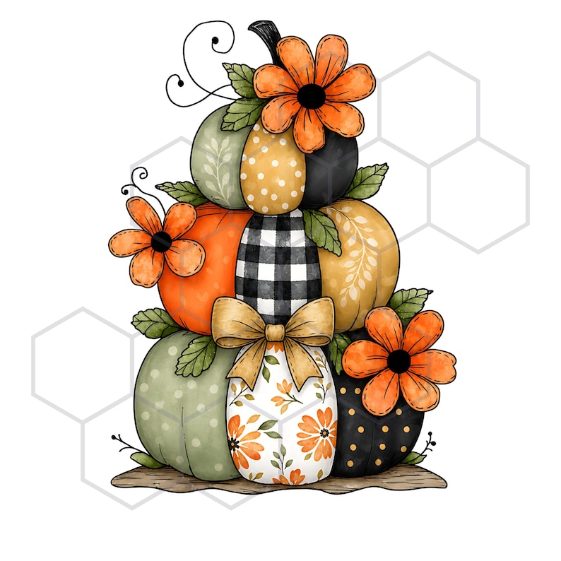 May include: A stack of decorative pumpkins featuring various patterns including black and white buffalo check, polka dots, and floral prints. The pumpkins are accented with orange flowers, green leaves, and a tan bow, all rendered in a watercolor style.