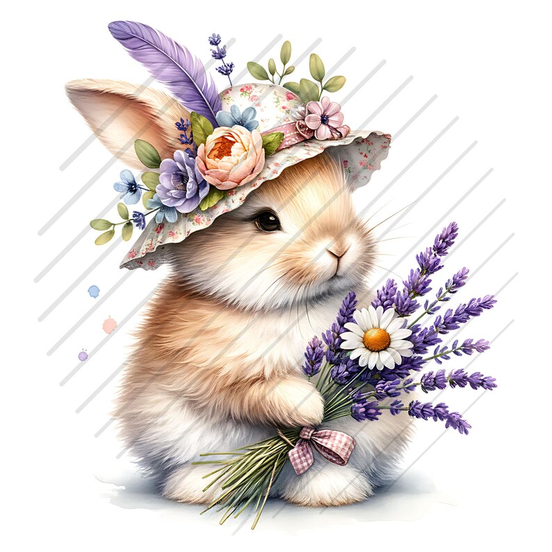 May include: A cute brown bunny wearing a floral hat and holding a bouquet of lavender flowers.