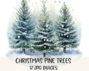 Op de afbeelding: Waterverfillustratie van drie kerstbomen in een besneeuwd landschap. De bomen zijn versierd met witte ballen en een ster. De tekst "CHRISTMAS PINE TREES" en "12 JPG IMAGES" staat onderaan.