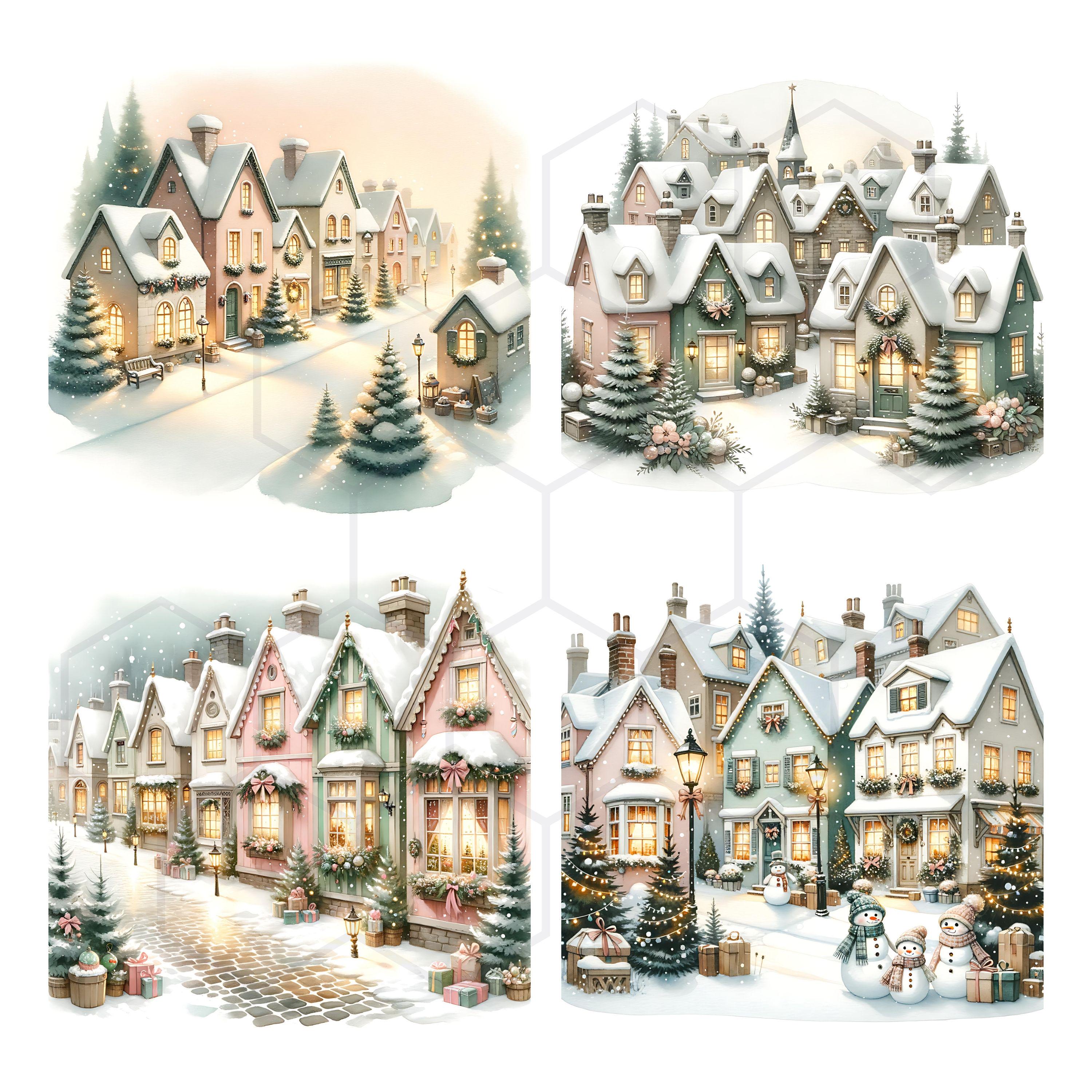 Pink Christmas Village Clipart: Watercolor Winter Scene Graphics (JPG ...