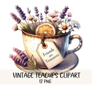 Paquete de imágenes prediseñadas de taza de té vintage de acuarela PNG, imágenes prediseñadas de taza de té shabby chic floral PNG, imágenes prediseñadas de primavera, descarga digital, diario basura imprimible