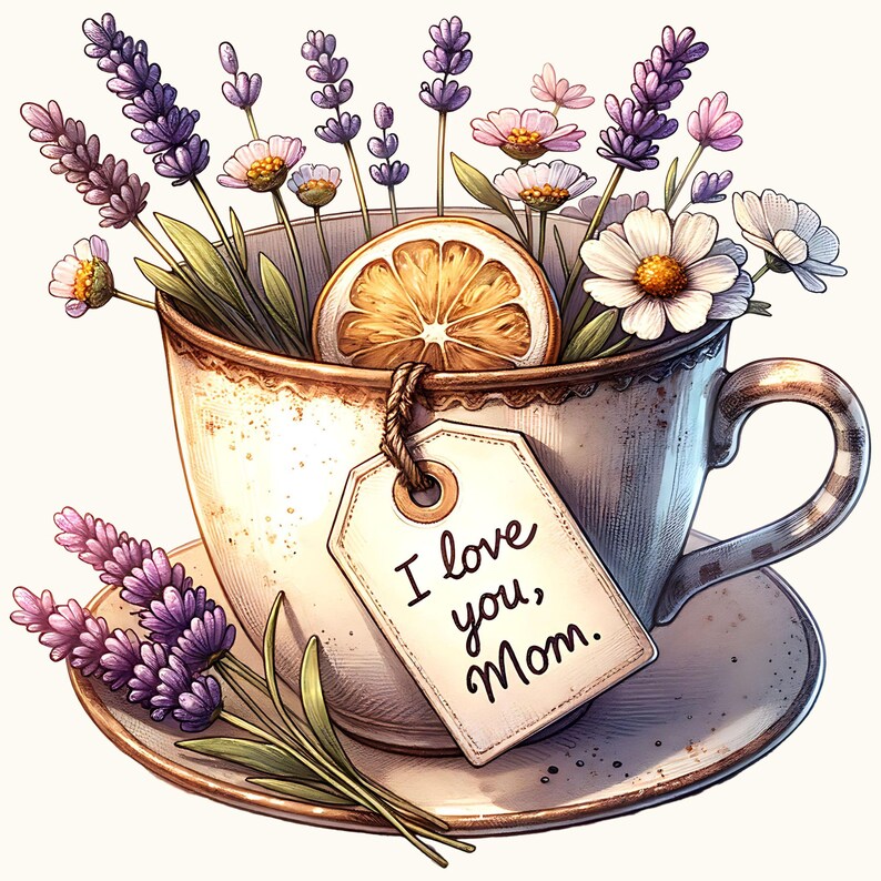 Puede incluir: Una taza de t&eacute; vintage y un platillo llenos de flores de lavanda, una rodaja de naranja seca y una etiqueta que dice "Te quiero, Mam&aacute;."