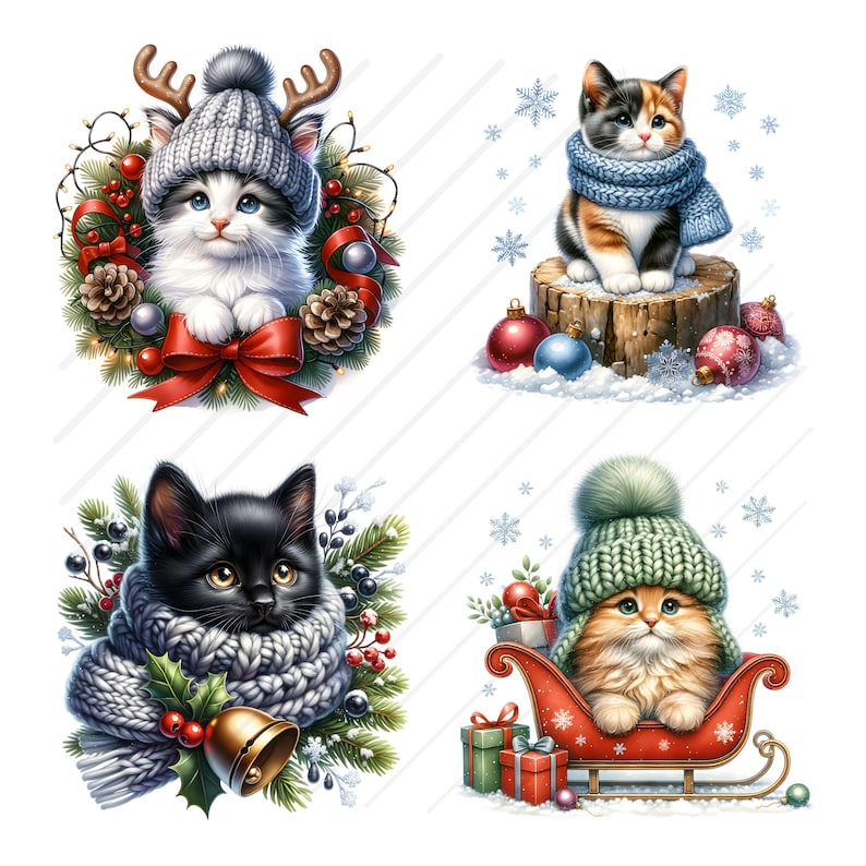 May include: Four digital illustrations of cats wearing winter hats and scarves. The first cat is wearing a white and red hat with antlers and a red bow. The second cat is wearing a blue scarf and a white and orange hat. The third cat is wearing a gray scarf and a black hat. The fourth cat is wearing a green hat and a red sled.