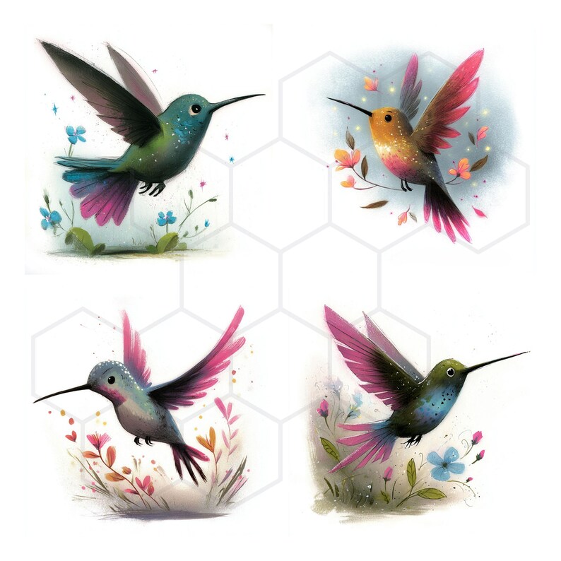 Whimsy Hummingbird Whimsical Hummingbird Clipart Bundle Floral Bird JPG Images Digital ...