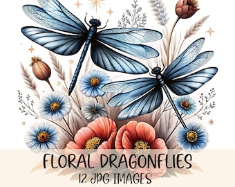 Floral Dragonfly Clipart Bundle Watercolor Dragonflies JPG Images Dragonfly Graphics Garden Clipart Printable Download Card Making Scrapbook