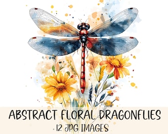Abstract Floral Dragonfly Clipart Bundle Watercolor Dragonflies JPG Images Dragonfly Graphics Garden Clipart Printable Download Card Making