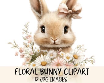 Bunny with Flowers Clipart Cute Bunny Clipart JPG Image Floral Rabbit Illustration Watercolor Wildflower Clipart Card Making Coquette Bunny