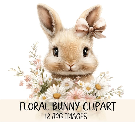Bunny with Flowers Clipart Cute Bunny Clipart JPG Image Floral Rabbit Illustration Watercolor Wildflower Clipart Card Making Coquette Bunny