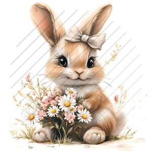 May include: A cute brown bunny rabbit with a white bow holding a bouquet of white daisies and pink flowers. The bunny is sitting on a white background.
