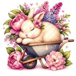 Pode incluir: Um coelho branco com os olhos fechados dorme em uma carriola azul cercada por flores rosa e roxas.