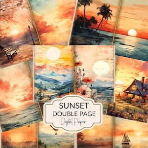 May include: A digital paper pack with 10 watercolor sunset illustrations. The illustrations feature a variety of scenes, including a beach with palm trees, a mountain range, a house with a garden, and a hot air balloon. The paper pack is perfect for scrapbooking, card making, and other paper crafts.