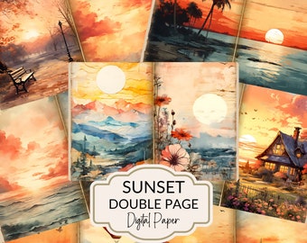 Páginas de diario de recortes con acuarela de puesta de sol Fondo imprimible de puesta de sol Paquete de papel digital para diario de recortes Imágenes digitales para álbum de recortes Papel imprimible