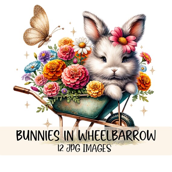 Cute Bunny Clipart Bundle Bunnies in Wheelbarrow Clipart JPG Images Spring Rabbit Graphics Watercolor Bunny with Flowers Easter Bunny Design