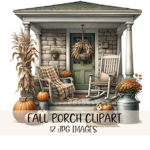 Puede incluir: Ilustración digital de una escena de porche otoñal. El porche presenta una puerta verde, mecedoras, calabazas y una corona de otoño. El texto "FALL PORCH CLIPART" y "12 JPG IMAGES" se muestra en la parte inferior.