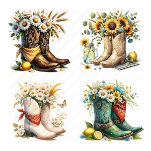 May include: Four images of cowboy boots filled with flowers and lemons. The boots are brown, tan, white, and teal. Each pair has a different floral arrangement, including daisies and sunflowers. Some boots have bandanas.