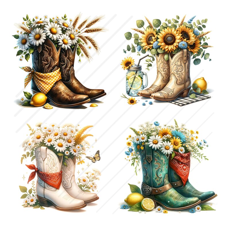 May include: Four images of cowboy boots filled with flowers and lemons. The boots are brown, tan, white, and teal. Each pair has a different floral arrangement, including daisies and sunflowers. Some boots have bandanas.