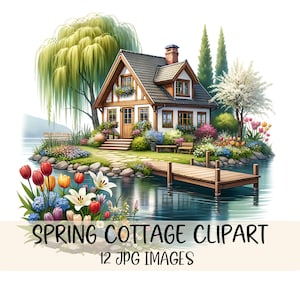 Frühling Haus Clipart Bundle Frühling Cottages JPG Bild Cottagecore Frühling Wildblumen Grafiken Landschaft Blumen Aquarell Cabochon Illustration