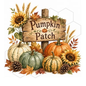Peut inclure: Illustration à l'aquarelle avec une enseigne en bois "Pumpkin Patch", entourée de citrouilles, de tournesols, de blé et de feuilles d'automne. Les citrouilles sont orange, vertes et blanches. Thème : automne et récolte.