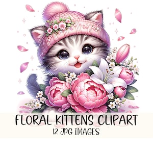 かわいい子猫のクリップアートバンドル 猫の水彩画 猫好きのクリップアート JPG 画像 花柄の子猫のイラストデザイン かわいい猫のグラフィック デジタルダウンロード
