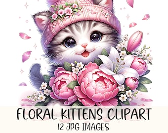 Cute Kitten Clipart Bundle Cat Watercolor Cat Lovers Clipart JPG Image Floral Kitten Illustration Design Cute Cats Graphics Digital Download